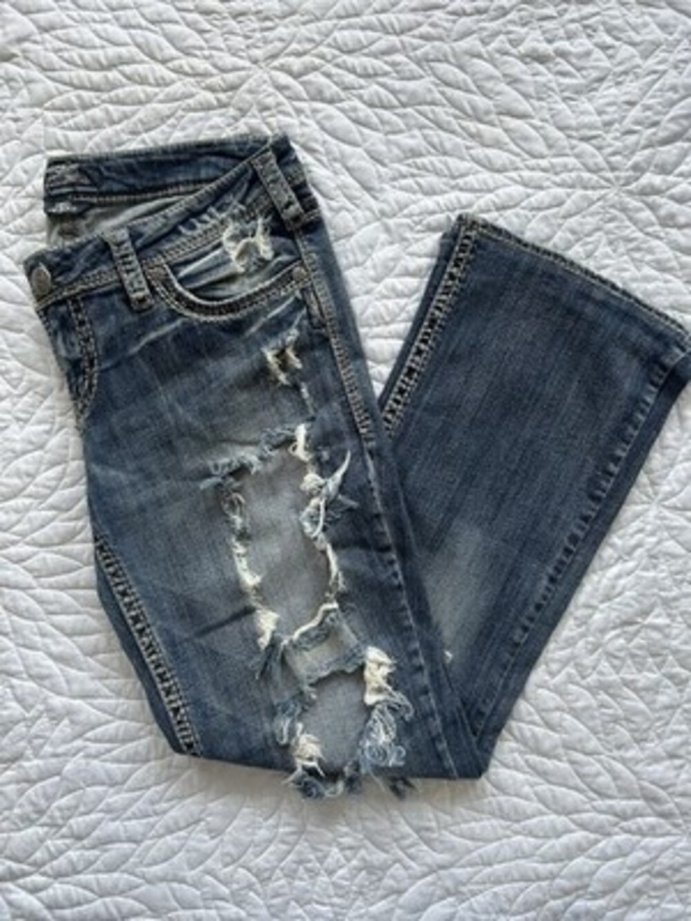 Silver Jeans Co. Aiko Mid Boot Cut Jeans / Distressed Dark Blue / W30 L33 / Good